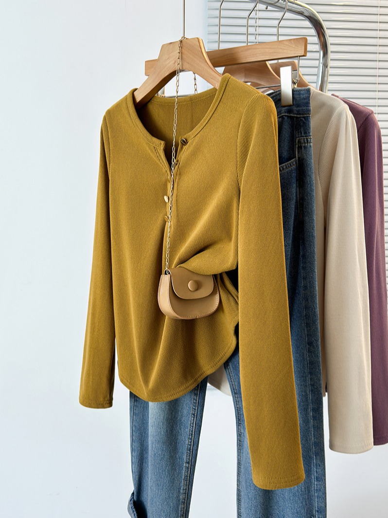 Plus Size Half Open Collar Long Sleeve Knit T-Shirt 2026 Autumn