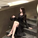 Black Long Sleeve Knit Dress with Hotfix Rhinestones and Slit Hepburn Style