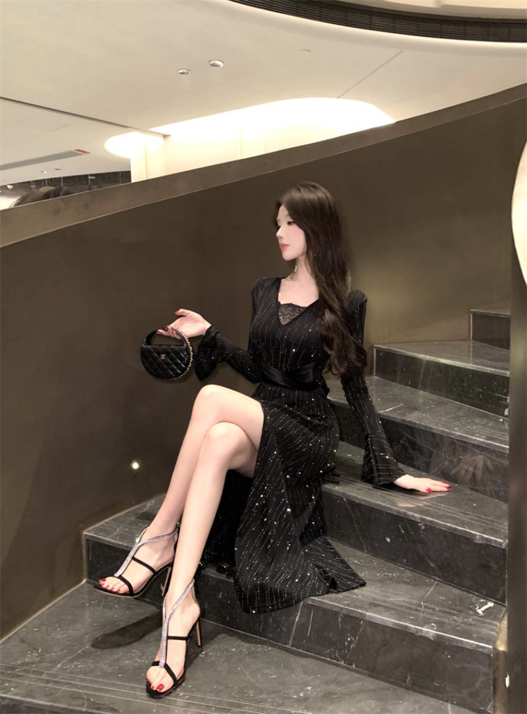 Black Long Sleeve Knit Dress with Hotfix Rhinestones and Slit Hepburn Style