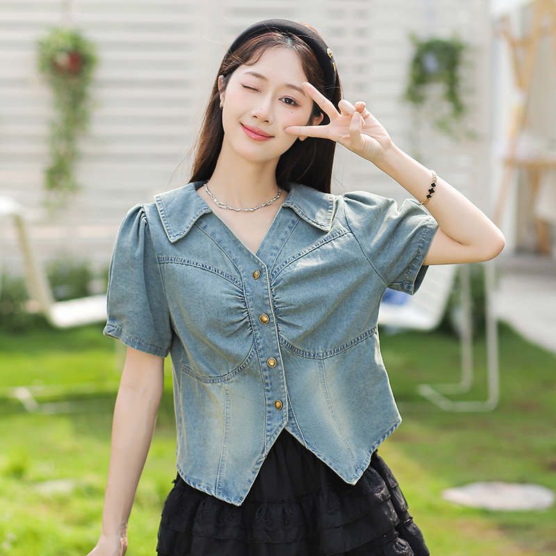 Korean Trendy Vintage Puff Sleeve Denim Short Sleeve Top