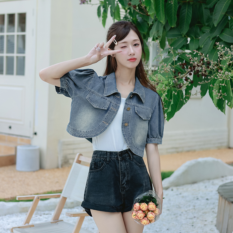Trendy Retro Soft Puff Sleeve Cropped Denim Short Sleeve Top for Women