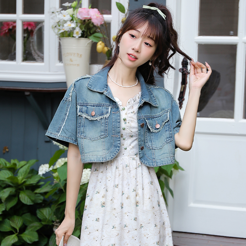 Women's Frayed Patchwork Denim Short Jacket Retro Casual Lightweight Top