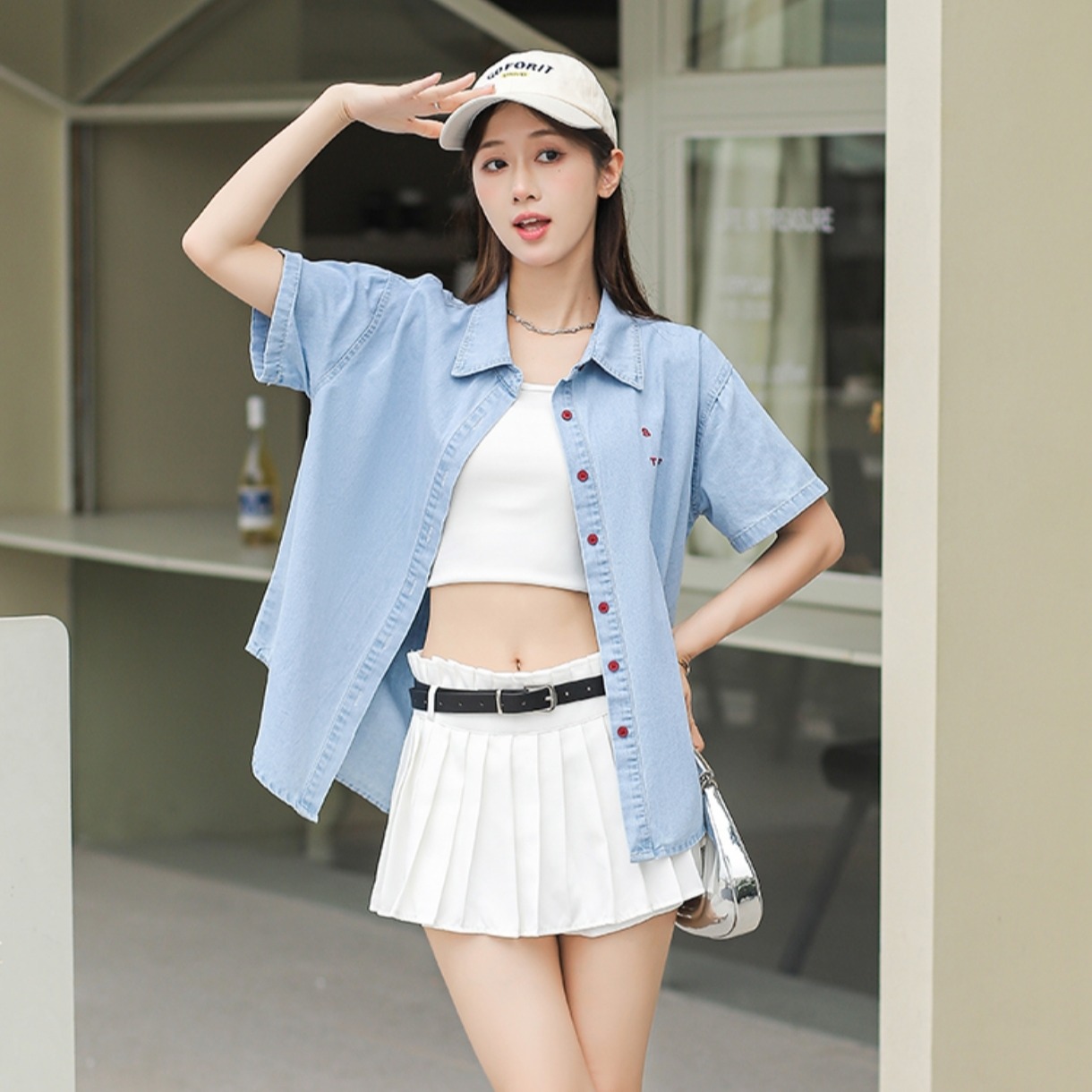 Korean Style Embroidered Denim Short Jacket for Women Light Blue - Image 4