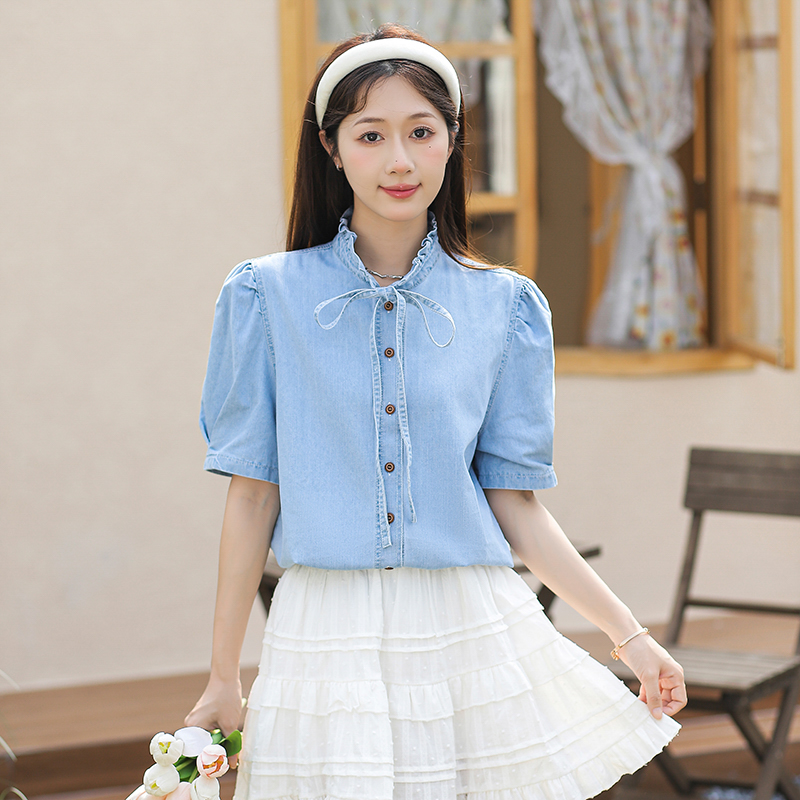 New Puff Sleeve French Style Light Luxury Ruffled Drawstring Stand Collar Design Denim Short Sleeve Top