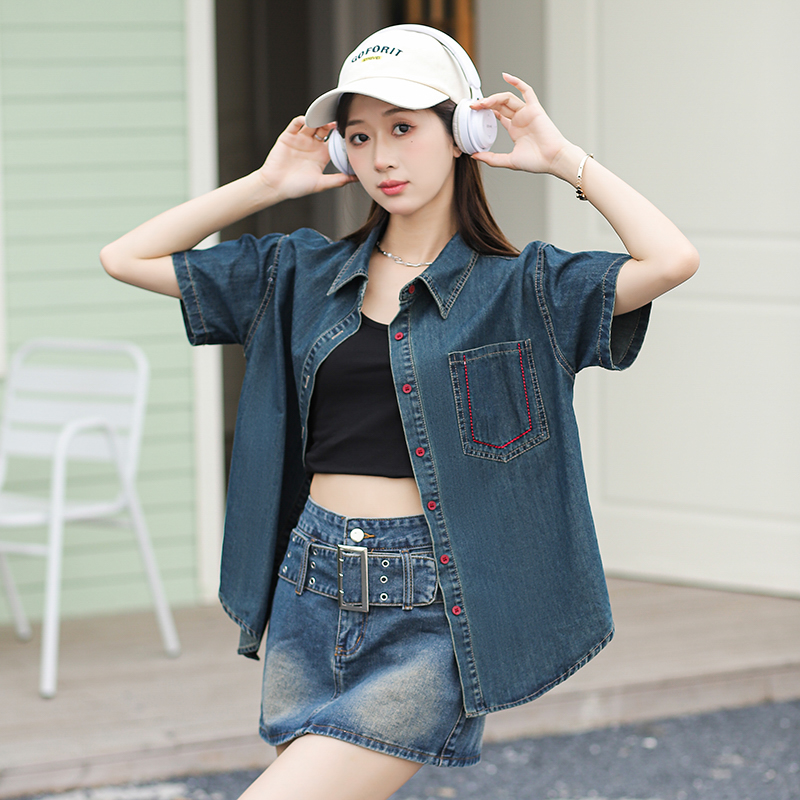 Korean Style Embroidered Denim Shirt Jacket for Women