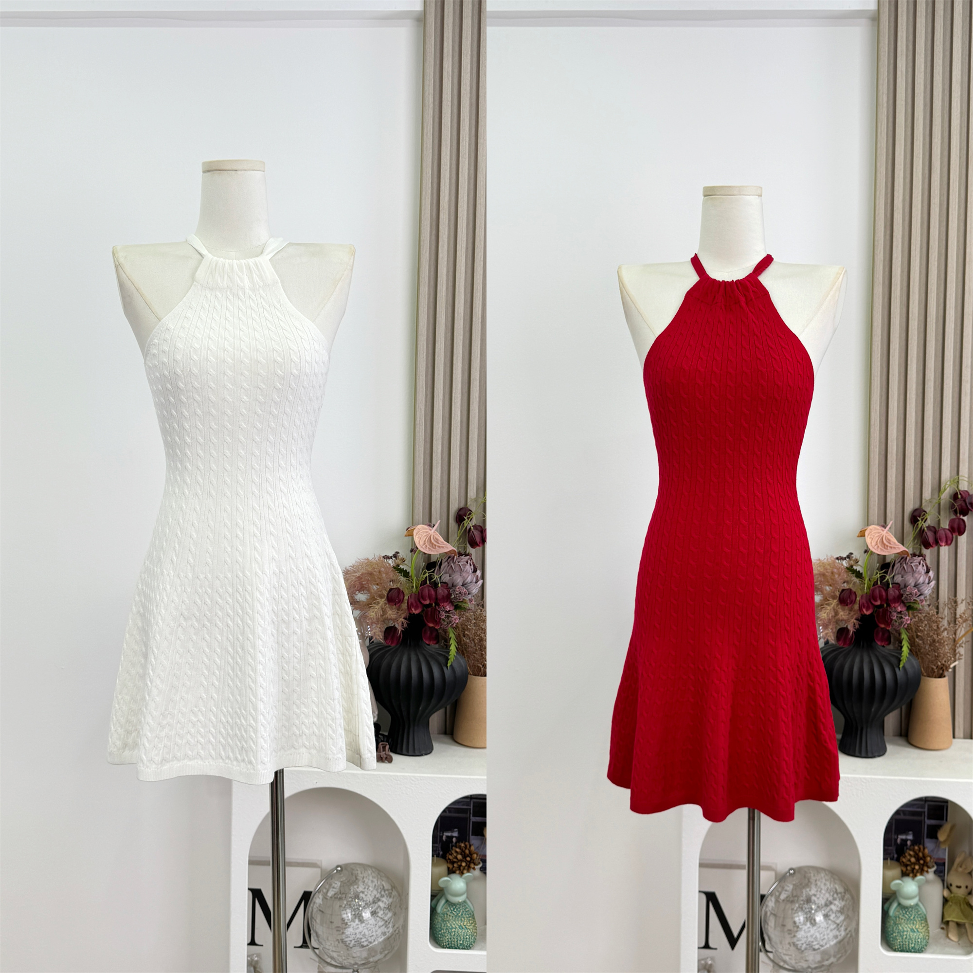 White Halter Tie Braided Waist Cinched A-Line Dress for Women Summer Sleeveless Off-Shoulder Slimming Umbrella Skirt - Image 5