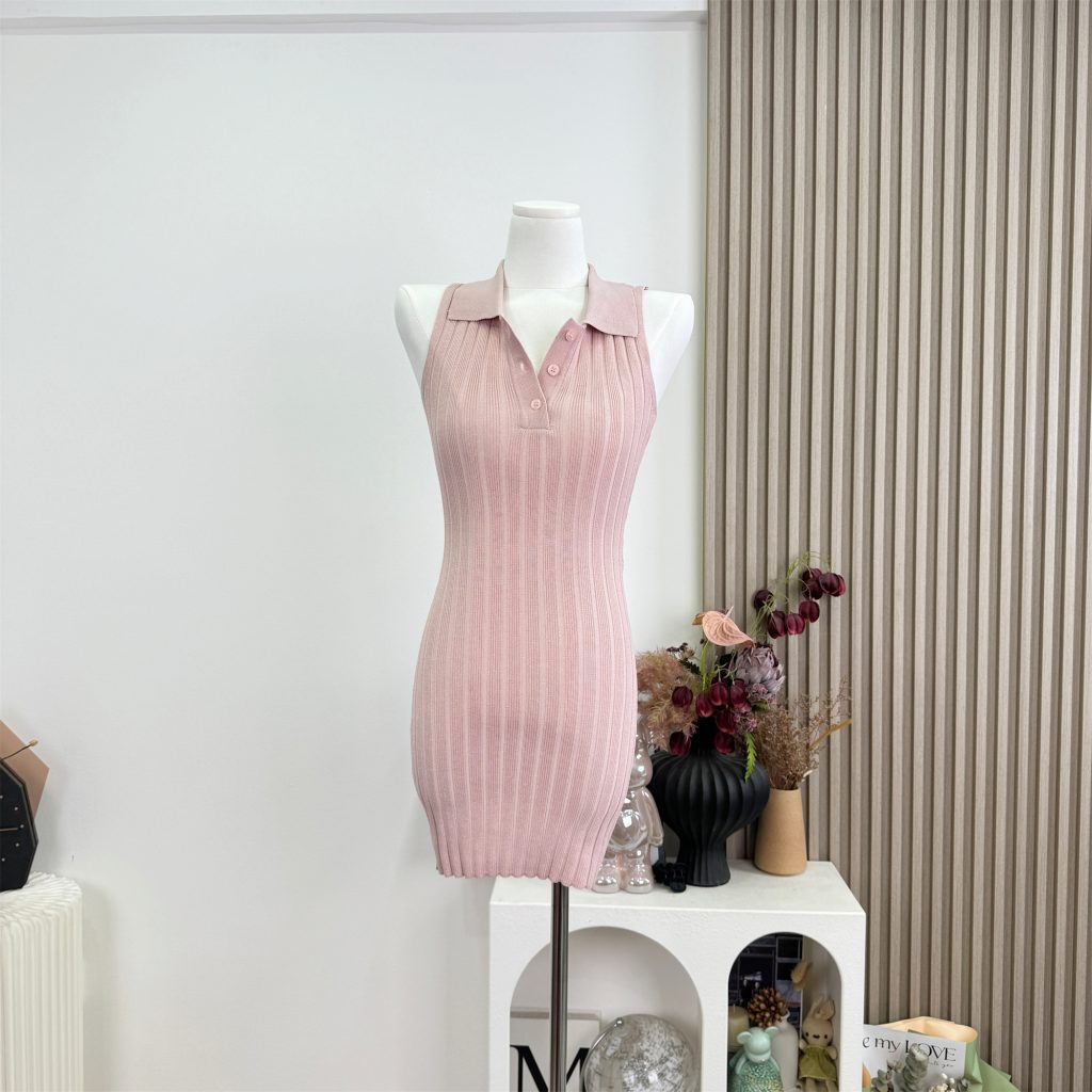 Fart Shop Strawberry Gummy Pink Lapel Sleeveless Bodycon Knit Dress for Women