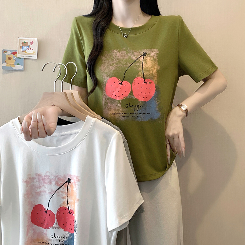 2026 Summer Plus Size Women's Cherry Print Short Sleeve T-Shirt - Style cf9cf1