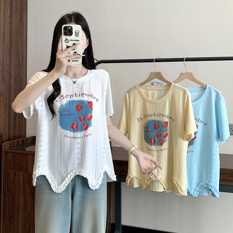Plus Size Strawberry Print Short Sleeve T-Shirt Korean Sweet Hollow Out Design Summer 2026