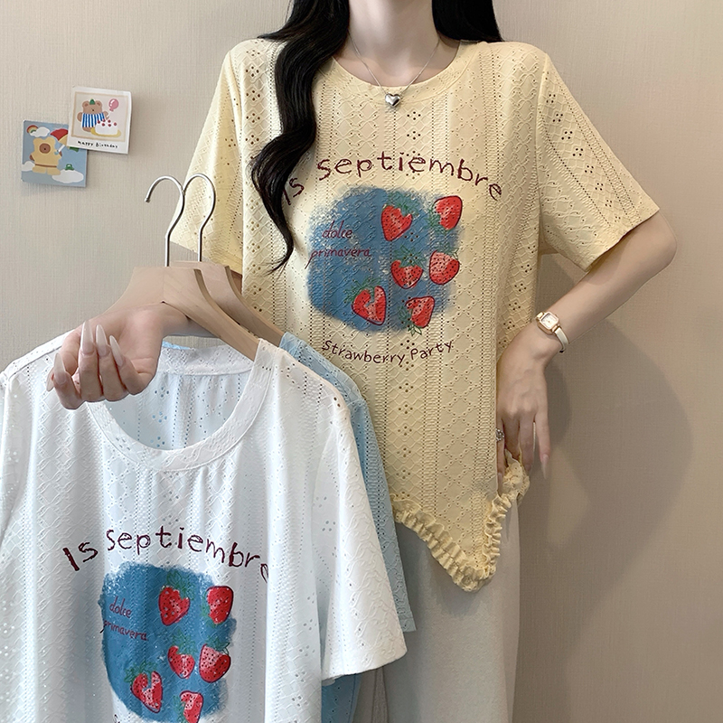 Plus Size Strawberry Print Hollow Out Short Sleeve T-Shirt Summer 2026 Korean Sweet Style