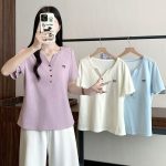 Plus Size Korean Style Embroidered Bow Half-Open Neck Short Sleeve T-Shirt Summer 2026