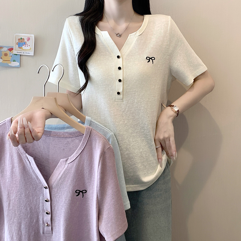 2026 Summer Plus Size Korean Style Embroidered Bow Half Open Collar Short Sleeve T-Shirt