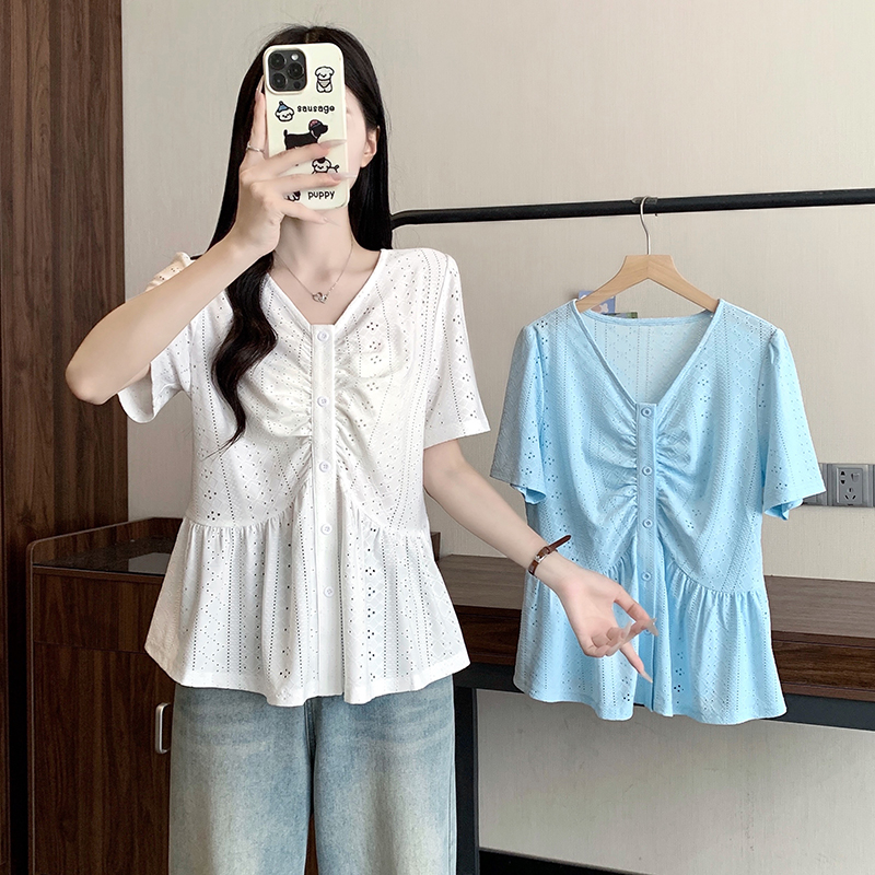 Plus Size Women's V-Neck Cutout Short Sleeve Knit Top 2026 Summer