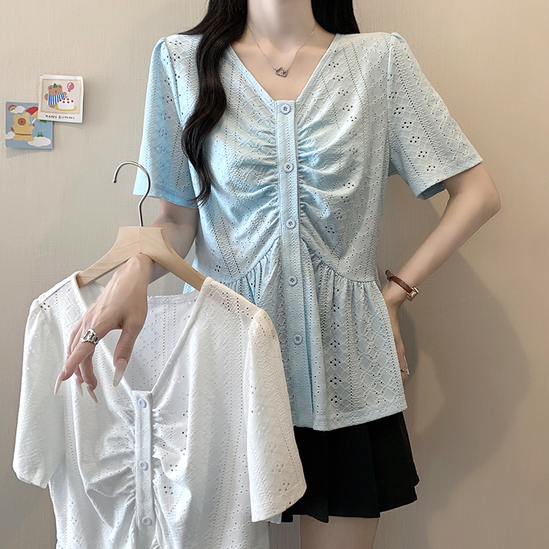 Plus Size Women's V-Neck Hollow Design Short Sleeve Knit Top Summer 2026