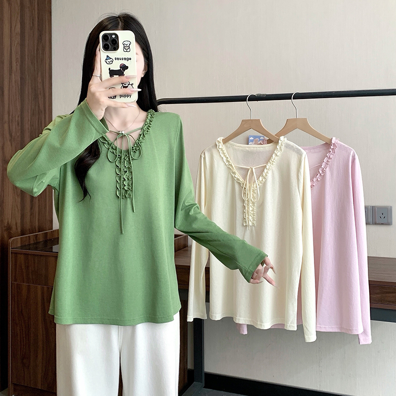 Plus Size Women's Ruffle Tie-Front Long Sleeve T-Shirt 2026 Early Autumn Korean Style - Style a1da59