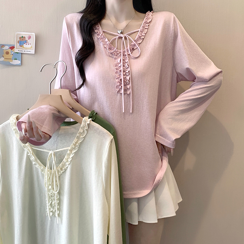 Plus Size Women's Ruffle Tie-Front Long Sleeve T-Shirt 2026 Early Autumn Korean Style - Style 2a6ada