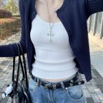 Women's Knit Cami Cardigan Set Navy Outer White Inner Short Early Autumn Korean Style