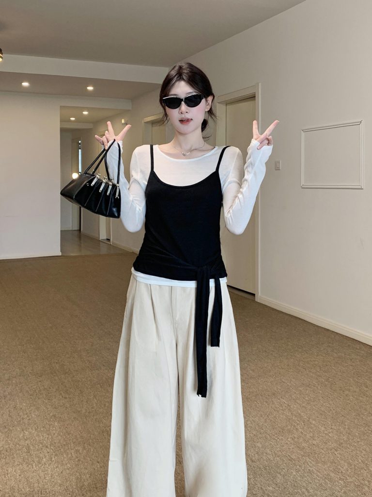 Women's Two-Piece Knit Top Set Black and White Long Sleeve Slim Fit Fall Layering Piece